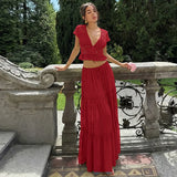 FDYOUI Sexy V-neck Lace Patchwork T-shirt Tops+Long Skirt 2 Piece Set Women's Summer Green Holiday Party Dress Suit Streetwear