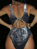 Golden Glitter Deep V Neck One Piece Swimsuit Women Swimwear Female Backless Monokini High Leg Cut Bathing Suit Swim Beachwear