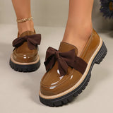 Fashion Bowknot Brown Loafers for Women 2026 Autumn Slip On Patent Leather Shoes Woman Comfort Plus Size 43 Platform Loafers