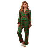 Women's Christmas Pajama Sets Fashionable Lapel V Neck Long Sleeve Printed Tops with Pants 2 Pieces Soft Sleepwear