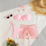3D flower front tie pink bikinis sets 3pcs with drawstring mesh mini skirt swimsuits bathing suit beach outfits biquini tankini