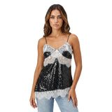 Women Camisoles Solid Color Lace Trim Sequins Spaghetti Strap Tank Tops Summer Fashion Sleeveless Vests Streetwear