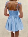 Summer Plaid Mini Cami Dress for Women Fashion Slim Ruffle Trim Tie-up Spaghetti Strap A-line Dresses for Daily Party