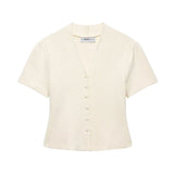 Women's Fashion Casual Structured Knit Jacket Women Beige V Neck Short Sleeve Textured Knit Cardigan Button Front Top Charm 17M0