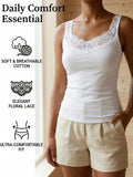 Summer Women's Lace Neckline Seamless Tank Top Slim Fit Soft Stretchy Camisole Basic Sleeveless Layering Vest Underwear
