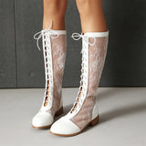 2026 Plus Size 48 Black Flower Mesh Lace Knee High Boots Women Breathable Square Heels Red White Summer Boots Shoes Zipper