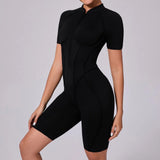 Summer Zipper Short Sleeve Yoga Jumpsuit Women Outerwear Sports Fitness Hip-lifting Backless One-piece Workout Gym Tracksutis