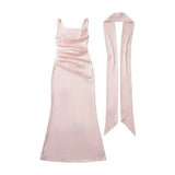 Pure Desire Style Collarbone-revealing Strapless Long Dress Feminine And Slim-fitting With Pleated Waist Tie Straps Bodycon LWIO