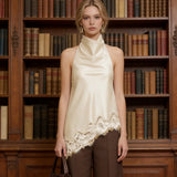 Women's Halter Sleeveless Satin Fabric Lace Trim Vest Elegant Chic Loose Fit Office Casual Daily Wear Party Fashion Tank Top
