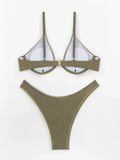 Solid Color Pit Strip Bikini Set for Women Sexy Underwire Push Up 2-piece Swimsuit High Waist Suspender Backless  Bathing Suit