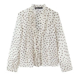 2026 Spring New Women Elegant Loose V Neck Wave Trim Polka Dot Blouse Thin Long Sleeve Top