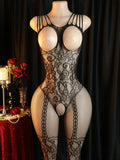Sheer Floral Jacquard Fishnet Bodysuit - High Stretch, Open Chest, Women's Sexy Lingerie Crotchless Bodystockings Erotic Outfits