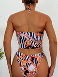 2026 Halter Swimsuit One Piece Sexy Print Ring Link Hollow Swimwear Women Bathing Swimming Swim Suit Padded Beachwear Summer XXL