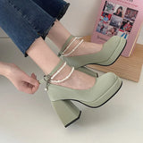 10cm Super High Heels Mary Jane Shoes Women Fashion Patent Leather Platform Pumps Woman Pearls Chain Ankle Strap Party Shoes