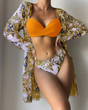 20 Colors Three Piece Bikinis Set Women Sexy Push Up Swimwear Swimsuit Plants Print Bathing Suit Bikini Cover Up Banadores Mujer