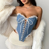 Sexy Imitates Denim Camisole Women Off Shoulder Lace Trim Bandage Cross Slim Fit Fishbone Tank Top 2026 Lady Club Party Vest