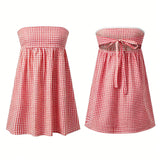 Women Tube Top Mini Dress Off Shoulder Strapless Plaid Bandeau Dress Summer Casual Boho Daily Dresses Streetwear