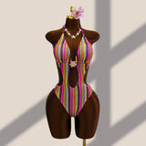 Striped Colorful Halter Cut Out One Piece Swimsuit Women Swimwear Female Monokini High Leg Cut Bather Bathing Suit Swim V8304