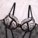 Embroidered flower underwear, sexy three-point mesh fishbone body shaping sexy suit with stockings