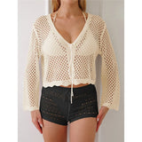 V Neck Long Sleeve Hollow Out Crochet Knitted Tunic Beach Dress Beach Wear Beachwear Beach Cover Up Cover-upsFemale Women V7192