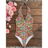 S - XL 2026 Flower Printed Floral V Neck Women Swimwear One Piece Swimsuit Female Halter Monokini Bather Bathing Suit Swim V8221