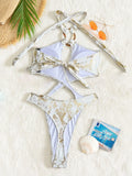 Shiny Blue Snakeskin Print One Piece Swimsuit Women 2026 Sexy Hollow Out Backless Metal Cross Bathing Suit Swimwear Monokini