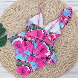 Sexy Ruffle Shoulder Swimsuit V-Neck Swimwear Women Backless Push Up Bathing Suit  Beach Wear 2024 Female Swimming Suit