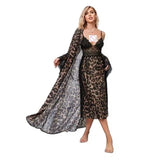 Spring and summer sexy mesh leopard print suspender nightgown with padded nightgown two-piece home wear set
