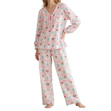 Women Christmas Pajamas Long Sleeve Tie-up V Neck Tops and Pants Loose Fall Winter Two Piece Loungewear