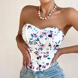 Summer Women Floral Y2K Crop Tops Printed Sleeveless Fishbone Corset Woman Sexy Backless Slim Strapless Streetwear Camisole
