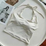 Women's Halter Neck Sports Bra Vest Slimming Tube Top for Yoga Gym Running Beautiful Back Sling Design One Cup Gathered Summer F