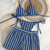 2026 Summer Women 3 Pieces Swimsuit Striped Print Halter Lace-up Backless Swimwear Sexy Micro Bikini Set Shorts Suits Beachwear