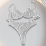 Women's Mesh Lingerie Set Lace Sheer Deep V Neck Bra and Panty Sexy Underwear Stranparent White Lingerie sets 2 pieces