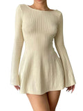 Women Spring Autumn Mini Dress Long Sleeve Crew Neck Backless Solid Color A-line Dress for Party Club