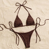 Sexy Coffee Wrinkled String Halter Bikinis Sets Two Pieces Tie Thong Swimsuit Bathing Suit Swimwear Biquini Bakini Tankini
