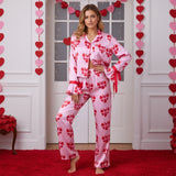 Women 2025 Heart Print Pajama Set Long Sleeve Button-up Tops and Pants 2 Piece Valentines Day Sleepwear Outfit