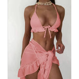 New With Sarong Halter Ruffled Bikini Women Swimwear Female Swimsuit Three-pieces Bikini Set Bather Bathing Suit Swim Lady V4144