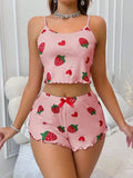 Summer Strawberry Print 2PCS Pajama Set Women's Casual Sleepwear Suspender Crop Tops and Shorts Comfortable Home Wear