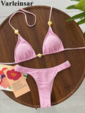 Wrinkled Crinkled Halter Bikini Female Swimsuit Women Swimwear Two-pieces Bikini set Brazilian Bather Bathing Suit Swim V8134