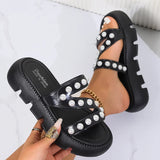 Rome Style Bead Thick Bottom Sandals Women 2026 Summer Pearls Chunky Platform Sandals Woman Anti Slip Outdoor Casual Slippers