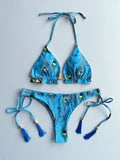 2026 New Women's Swimsuit Neck Hanging Bikini Set Split Beach Swimsuit 2-piece Set with Tassel Decoration