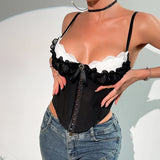 Phantasy Fashion Laec Balck Crop Top Women French Style Pink Bow Strap Tanks Lady Elegant Party Fishbone Camisole Summer Outfit