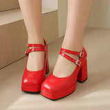 Women Silver Metallic Platform Mary Jane Shoes Double Rhinestone Buckle Chunky Block High Heels Y2K Vintage Square Toe Pumps