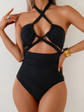 2026 Sexy Padded Swimsuit Women One Piece Halter Hollow Swimwear Female Solid Bathers Bathing Swimming Swim Suit Beachwear