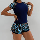 Sports Swimsuit for Women 2026 New 2 Piece Swimsuit High Waist Tankini Short Sleeve Round Neck Patchwork Bikini Set Swimwear