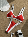 Sexy Red Contrast Bikini Set 2026 Women Halter Push Up Bra Pleate Thong Swimsuit Brazilian Beach Bathing Suit Holiday Swimwear