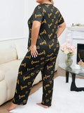 Plus Size 3XL 4XL 5XL Sleepwear Heart Letters Print 2 PCS Pajama Set Women's Casual Short-Sleeve Top and Pants Loungewear