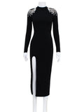Ahagaga Fashion Hollow Out Women Maxi Dresses Sexy Solid Backless Casual Turtleneck Slim Elegant Bodycon Vestidos Robes Split