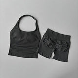 2PCS Seamless Halter Neck Yoga Set Push up Sports Bra And High Waist Butt Lift Fitness Shorts Tummy Control Fitness Wear