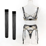 Toucheart Erotic LingerieNew Butterfly Embroidered Mesh See-through Sexy Contrastingerotic Lingerie Four-piece Setwith Stockings
